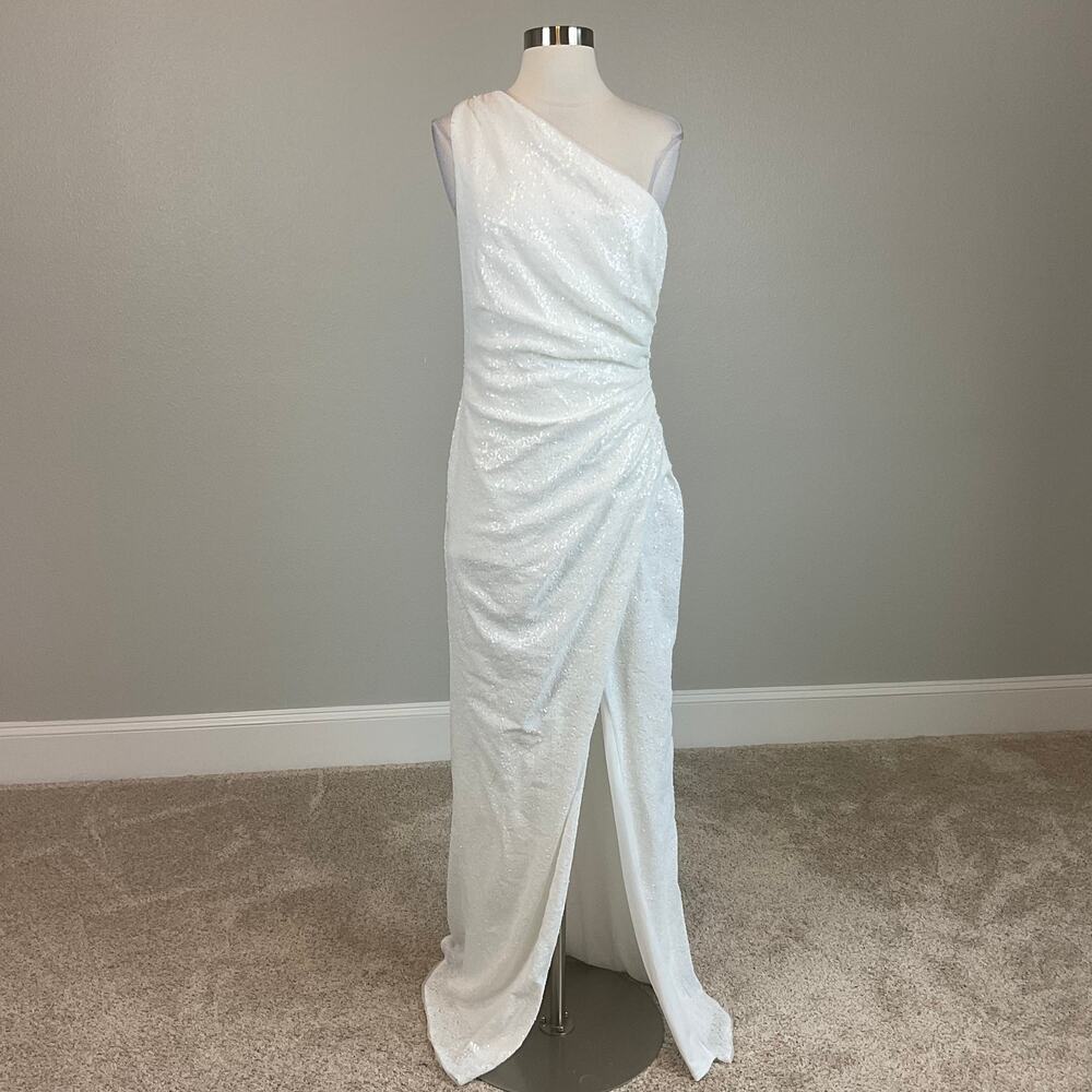 AQUA White Evening Gown Sequin One Shoulder Thigh Slit Long Formal Column Dress - Picture 4 of 12